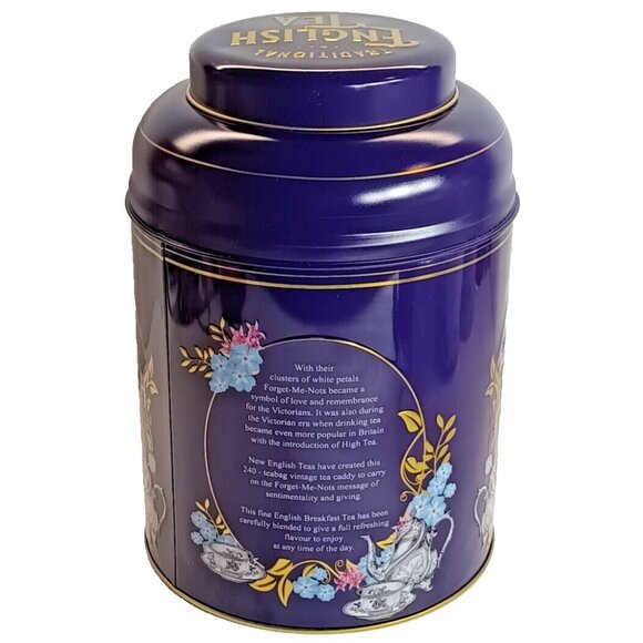 English Tea Tin Navy Blue Victorian Style Round Large Decorative Storage Empty - Picture 4 of 7